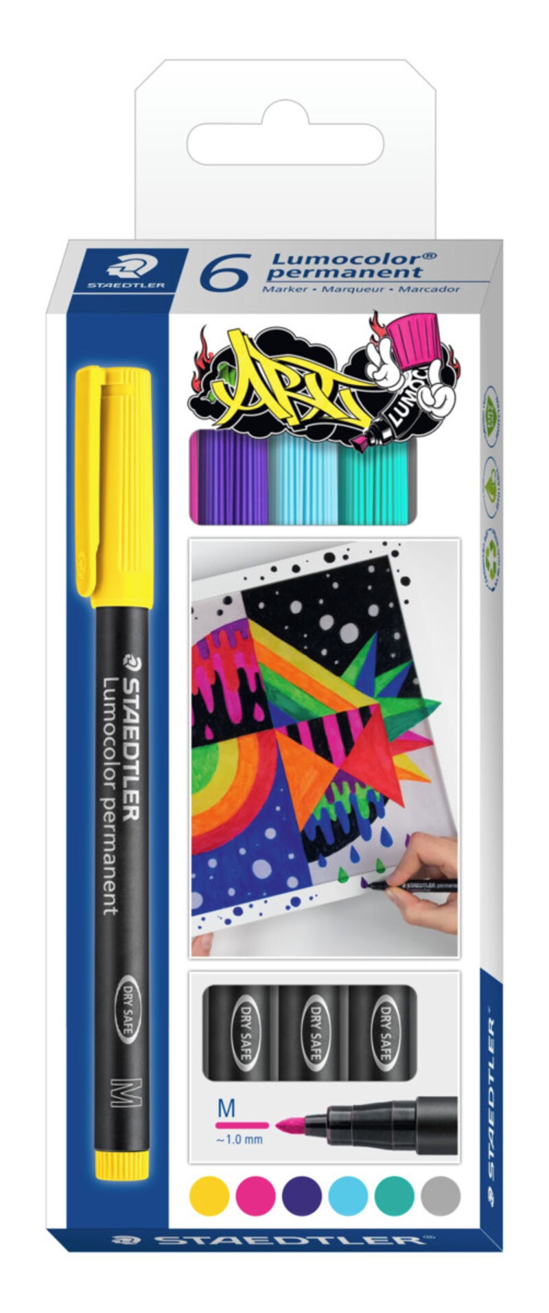 Staedtler Lumocolor 317 Confezione da 6 pennarelli indelebili - Punta rotonda media - Linea di circa 1 mm - Cappuccio con clip - Asciugatura rapida - Colori assortiti