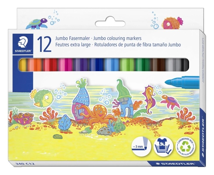 Staedtler Noris 340 Confezione da 12 pennarelli grandi - Tratto circa 3 mm - Facilmente lavabili - Inchiostro a base d'acqua - Colori assortiti