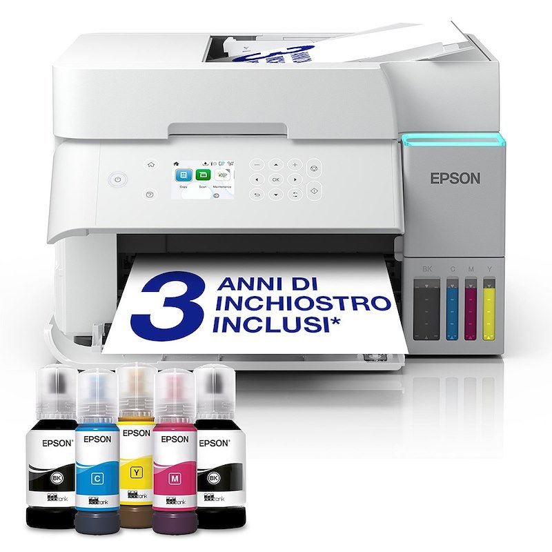 Stampante Inkjet Multifunzione 3 in 1 a colori EPSON EcoTank ET-3956, A4, Fronte retro automatico, Ethernet, WiFi, Bianca