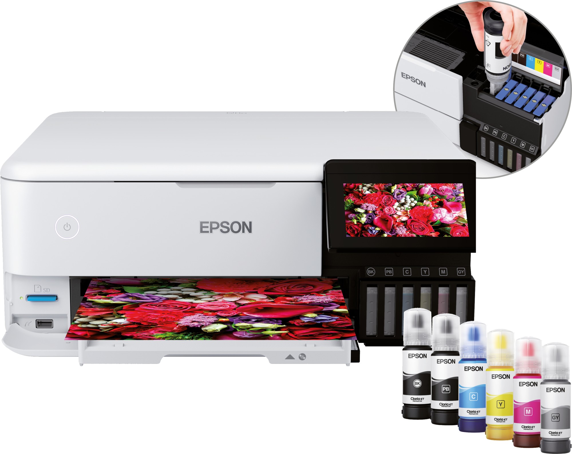 Stampante Inkjet Multifunzione 3 in 1 a colori EPSON EcoTank ET-8500, A4, Fronte retro automatico, Ethernet, WiFi, Bianca