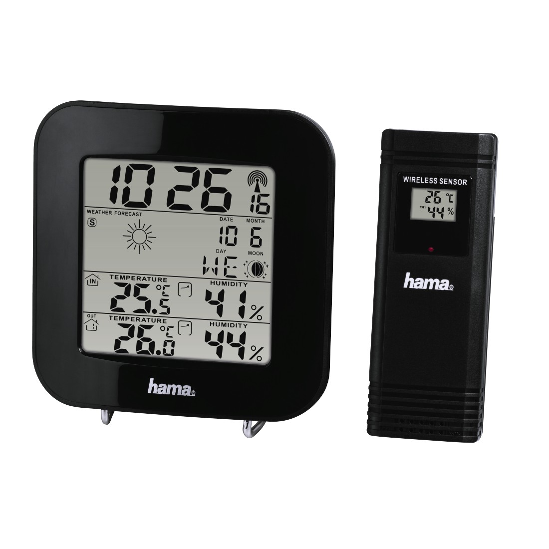 Stazione meteorologica Hama Ews-200 - Orologio - Previsioni del tempo - Sensore esterno - Radiofrequenza - Termometro - Igrometro - 11x25x11 cm - Colore nero