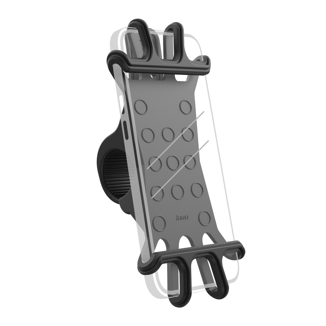 Supporto flessibile per smartphone da bicicletta Hama - Silicone flessibile - Peso massimo 200 kg - Larghezza dispositivo da 6 a 8 cm - Universale - Manubrio fino a 35 cm - Nero