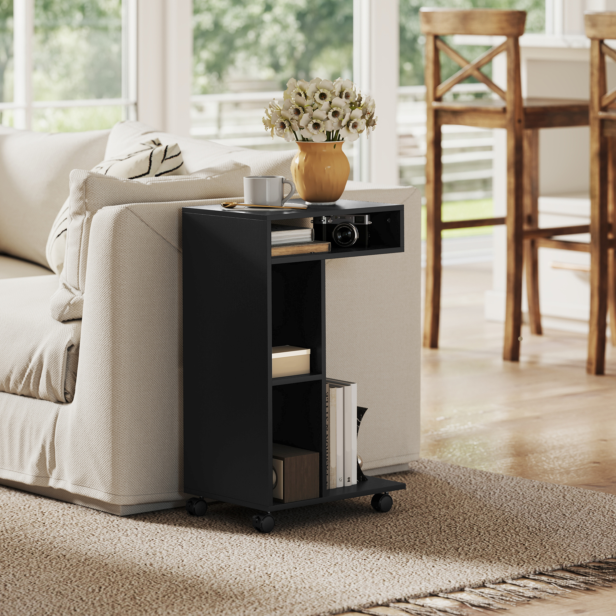 Tavolino laterale HOMCOM a forma di C con 4 ripiani, ruote, tavolino da caffè, tavolo da soggiorno, scrivania per laptop per soggiorno e camera da letto 40x30x69 cm nero