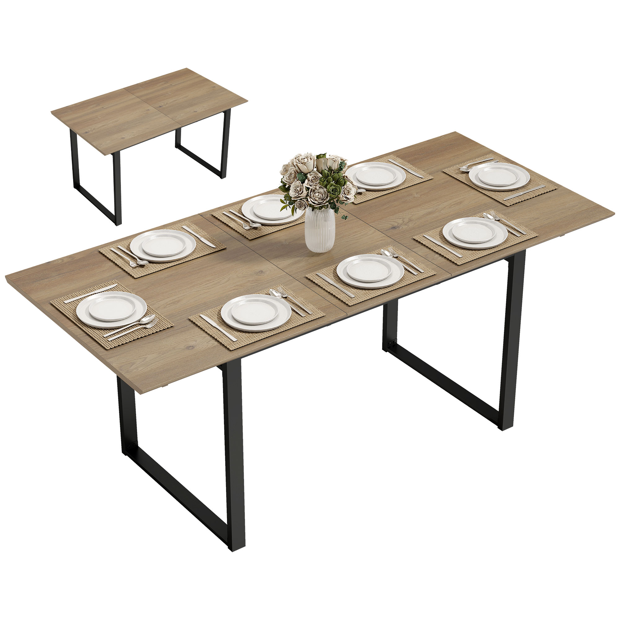 Tavolo da Pranzo Allungabile HOMCOM per 6-8 Persone, Tavolo da Cucina con Prolunga 140-180x80 cm, Stile Industriale, in Acciaio, per Sala da Pranzo, Soggiorno, Effetto Legno Naturale