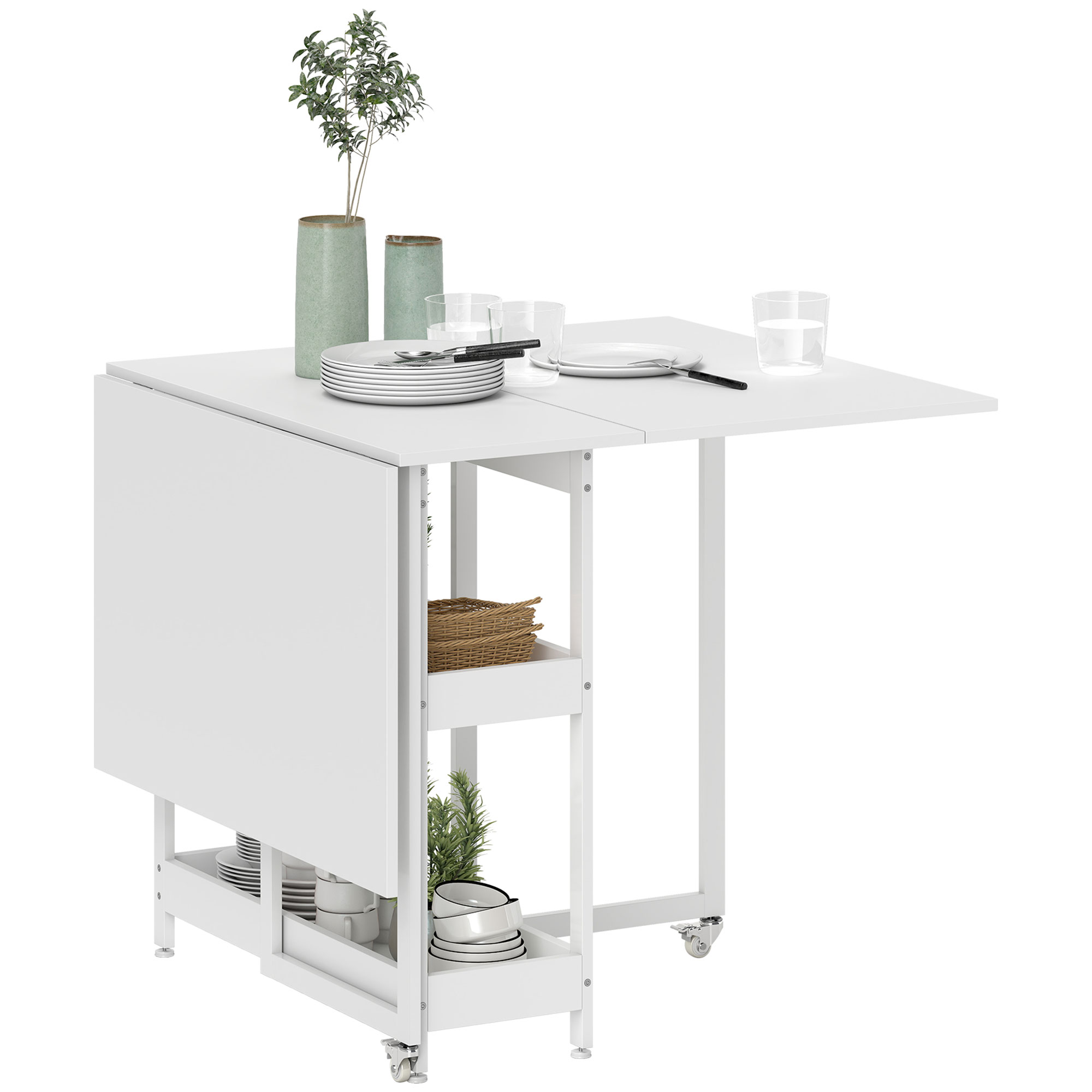 Tavolo da pranzo pieghevole HOMCOM, tavolo da cucina rettangolare pieghevole allungabile con rotelle per fino a 4 persone con scomparti aperti, per piccoli spazi, sala da pranzo, bianco