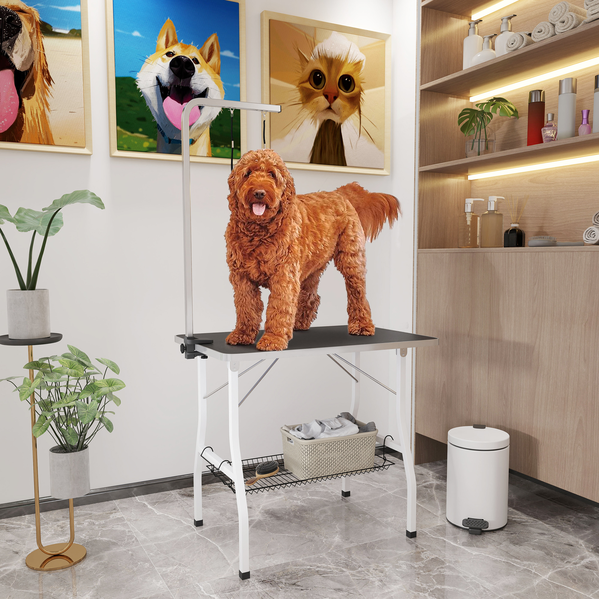 Tavolo per toelettatura cani PawHut, tavolo pieghevole per tosatura, tavolo per cura degli animali domestici con cestello in rete, capacità di carico fino a 40 kg.