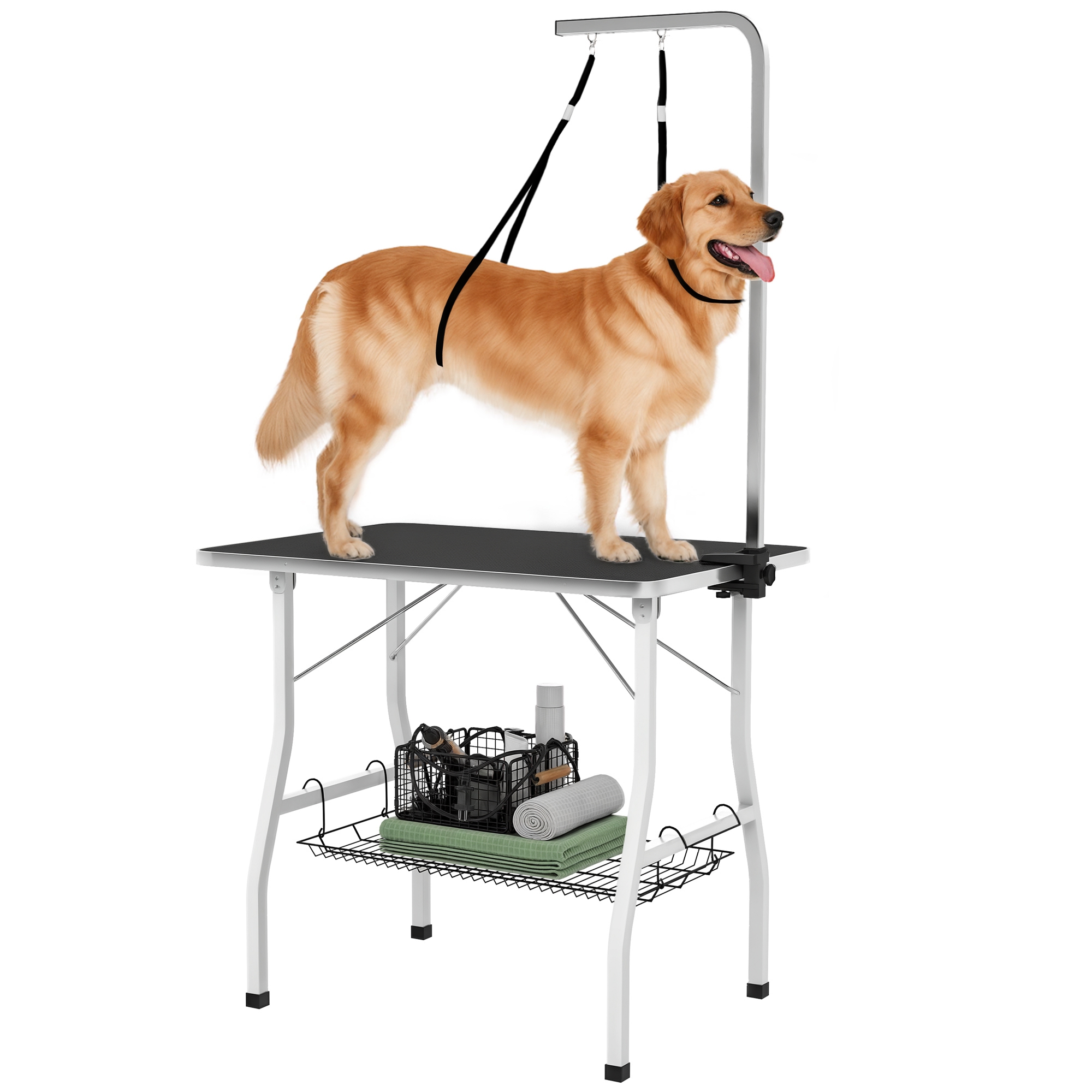 Tavolo pieghevole per toelettatura cani Pawhut, 90x60x76 cm, stabile, con tappetino in gomma antiscivolo e 2 cinghie - Potenza R