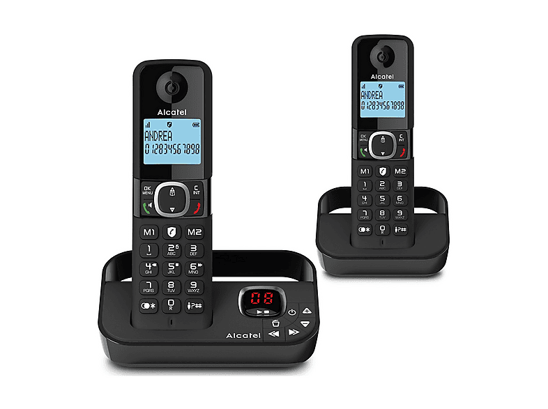 TELEFONO CORDLESS ALCATEL F860 VOICE DUO Nero, segreteria telefonica, vivavoce, rubrica 100 numeri, 2 portatili in confezione