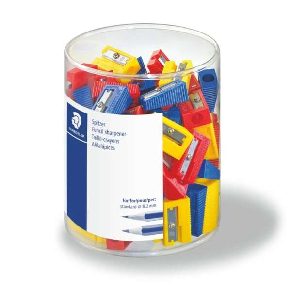 Temperamatite in plastica Staedtler confezione da 100 pezzi - 1 foro - Angolo di affilatura 23° - Colori assortiti