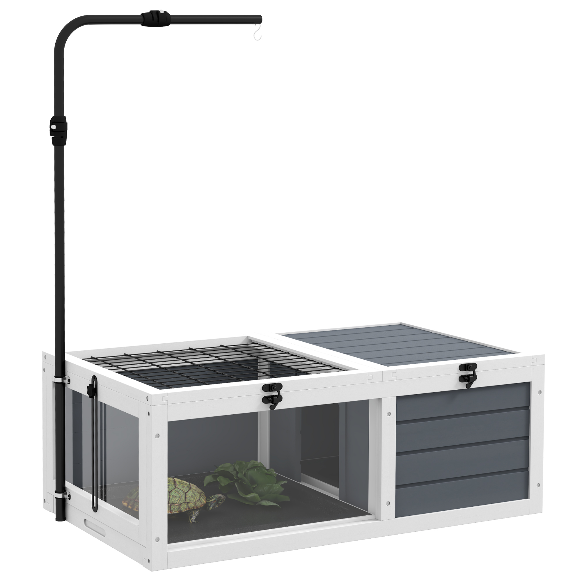 Terrario PawHut per piccoli animali e tartarughe con 2 spazi, supporto lampada regolabile, 2 vassoi scorrevoli, 81x48x31,5 cm - Solido Grigio