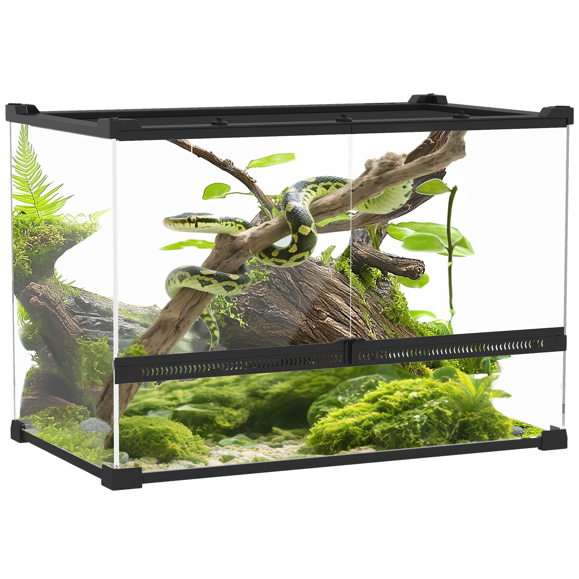Terrario per rettili, scatola per l'allevamento di rettili, habitat con chiusura sicura a rotazione, ventilazione frontale, nessun montaggio richiesto, 50x30x35 cm, Nero