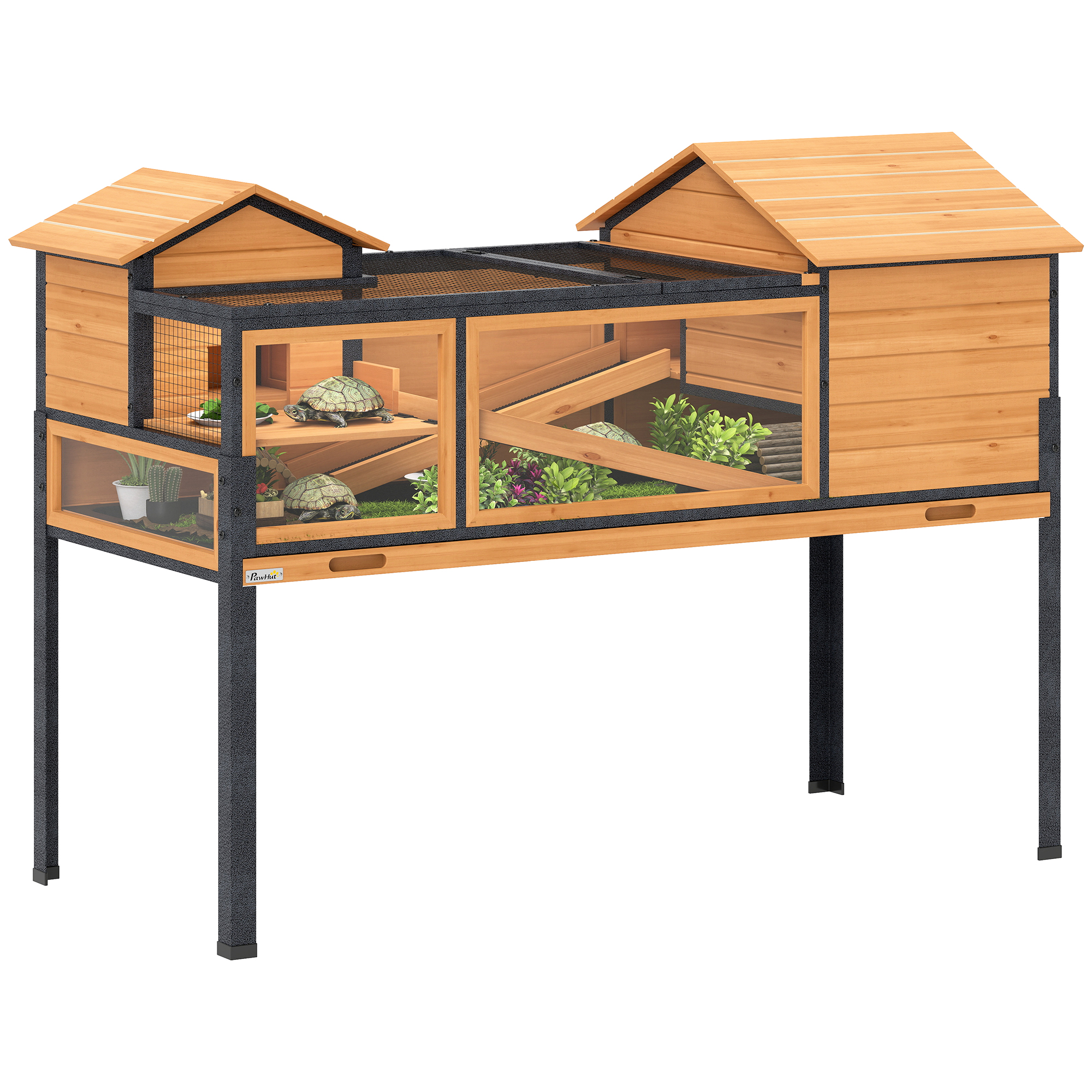 Terrario Turtahs a 2 piani con 2 camere da letto, recinto esterno con rampe, tetto funzionante e vassoio, grande gabbia per rettili, 128x63x96cm, giallo