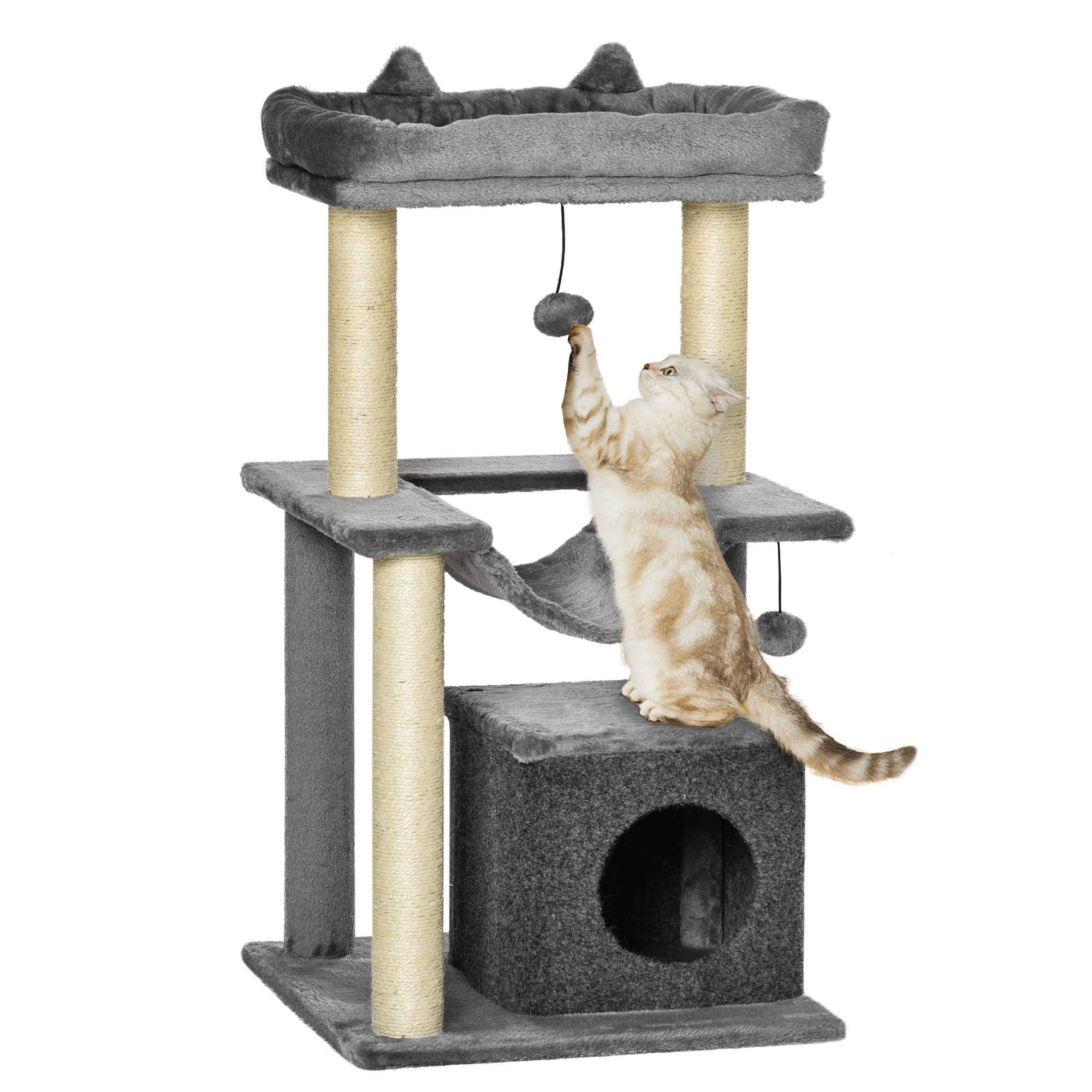 Tiragraffi PawHut per gatti 90 cm con amaca, tiragraffi in sisal e peluche