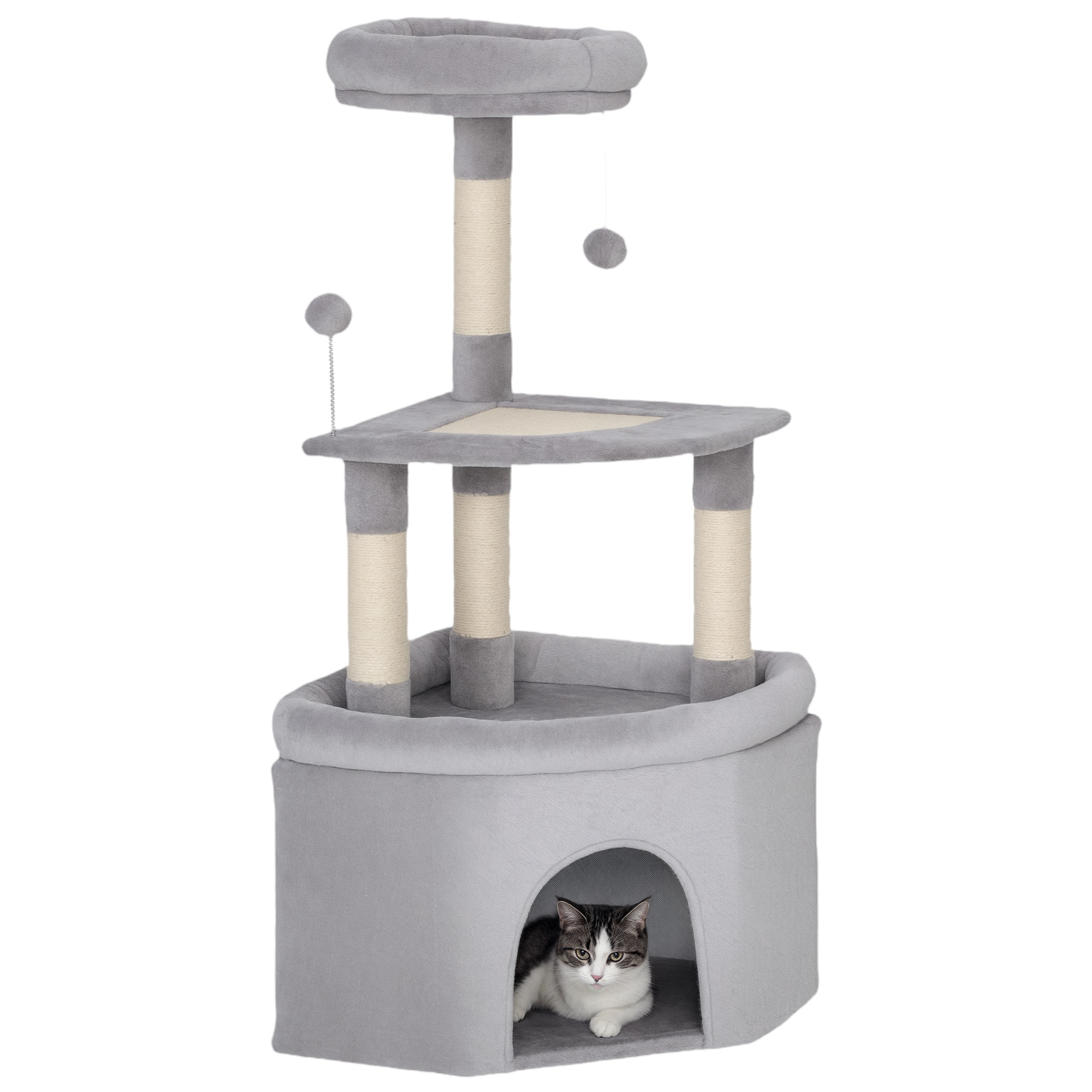 Torre per gatti PawHut a forma di albero, altezza cm, con sisal e piatto. piatto, nicchia, letto, tessuto felpato, palline, multilivello, grigio chiaro
