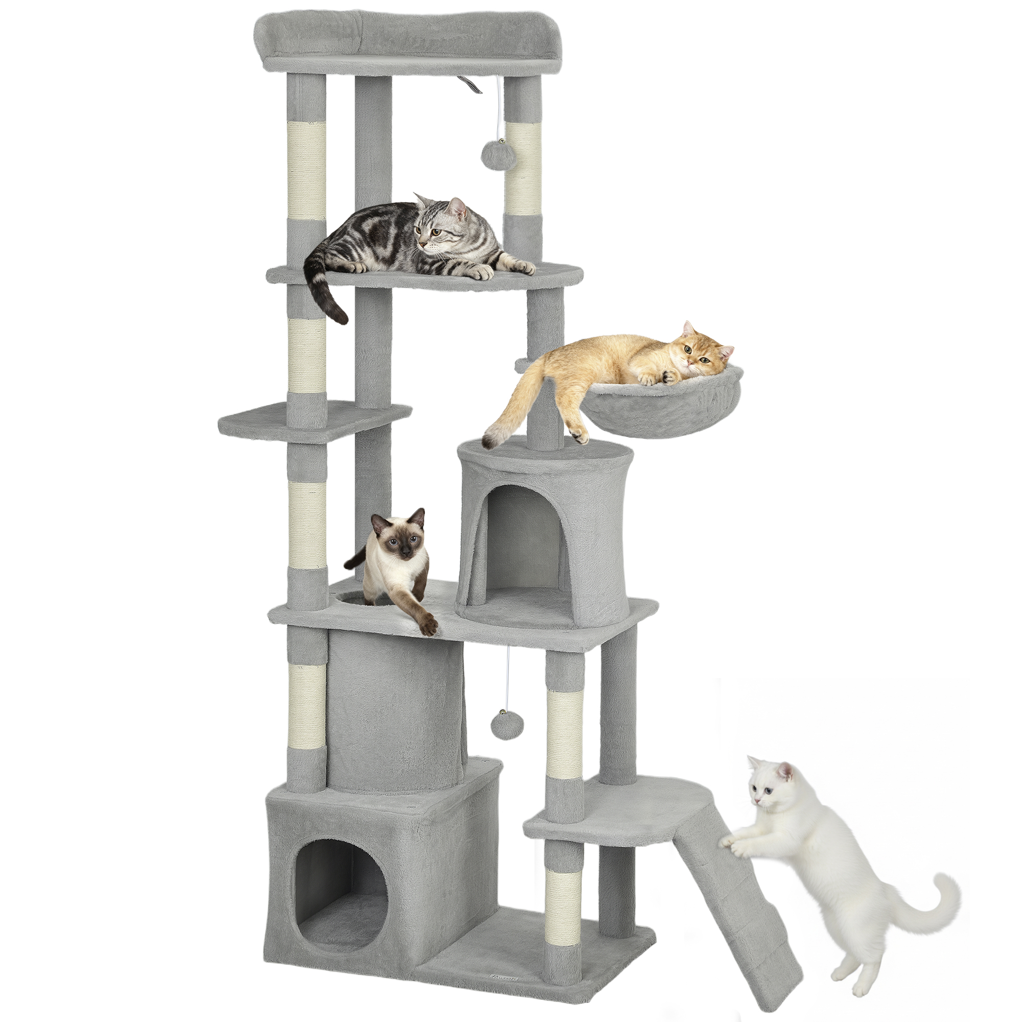 Torre per gatti Pawhut, alta 170 cm, con 7 punti per graffiare, 3 piattaforme, 2 nidi, un tunnel, un'amaca e 2 pompon, rivestimento in tessuto morbido, struttura a più livelli, ideale per 1-3 gatti,