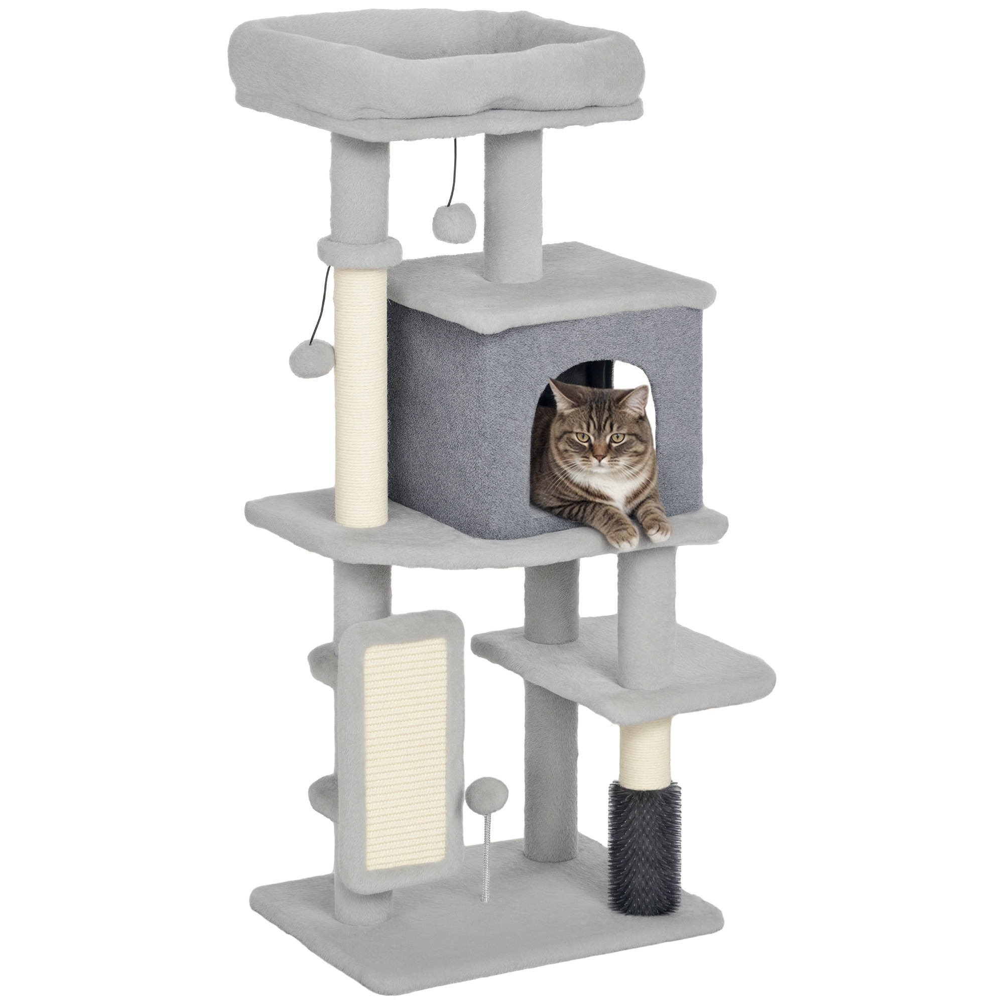 Torre per gatti PawHut, altezza cm, con tappeto per tirare, lettino, casetta, piattaforme, spazzola per la toelettatura, palline da gioco, grigio chiaro