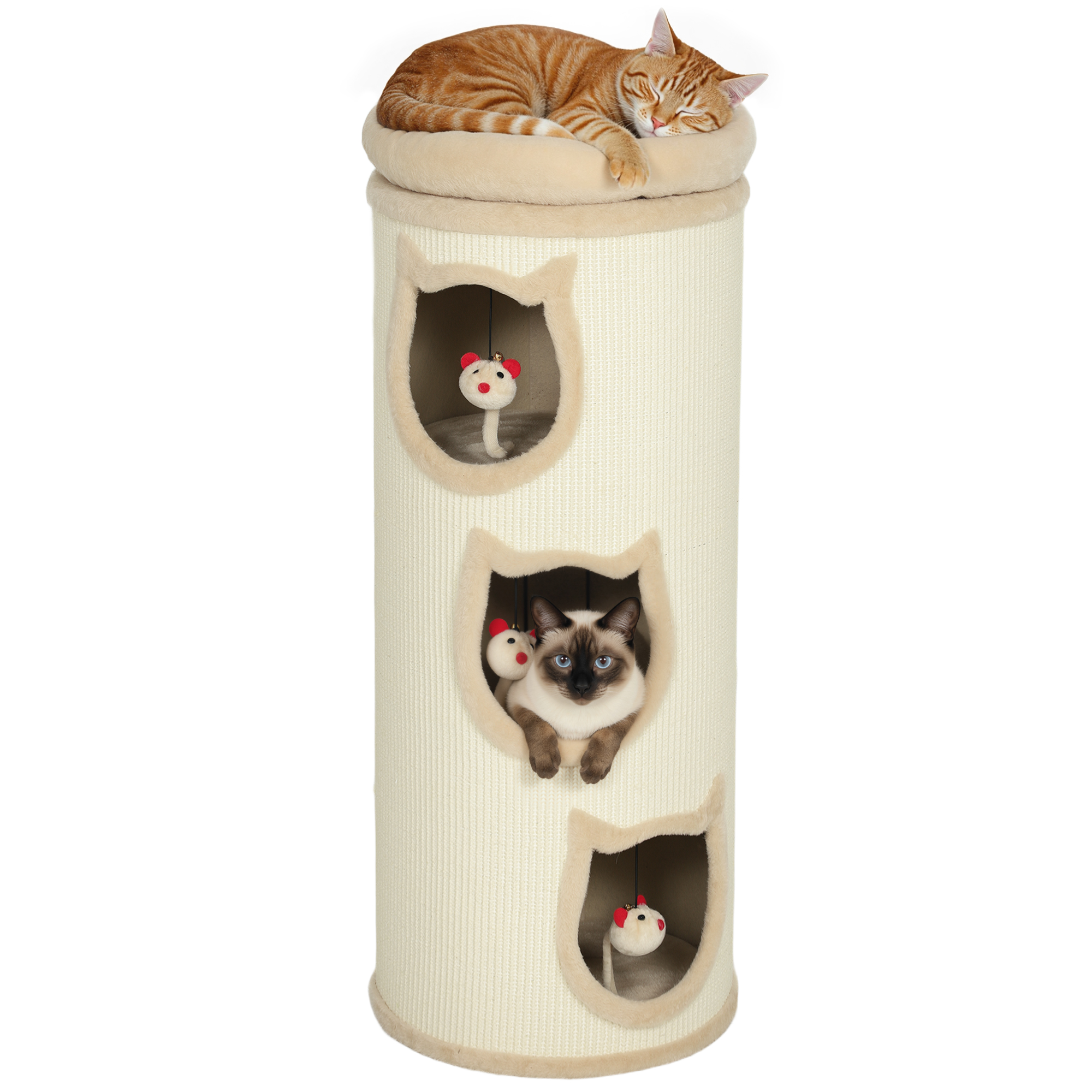 Torre per gatti Pawut 96 cm in sisal con bordo in peluche, 3 livelli con piatto. Tappetino per gatti stabile per gatti di piccola e grande taglia, perfetto per affilare le unghie e giocare, Ø 38 cm,