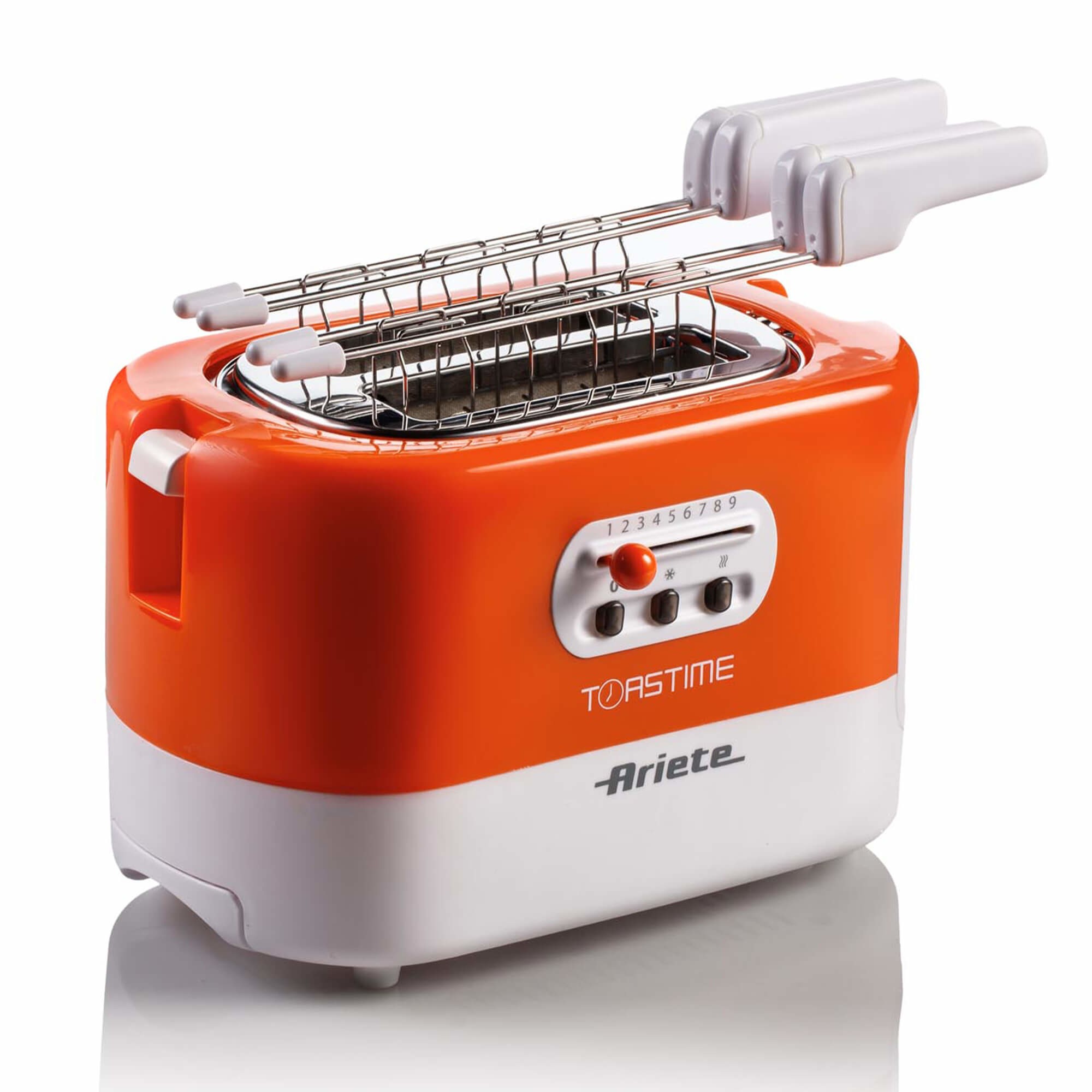 Tostapane ARIETE TOASTIME, Potenza 700 W, Numero di fessure per tostare 2, Livelli tostatura 9 , Sistema sollevamento, Funzione scongelamento, Raccoglitore briciole, ARANCIO