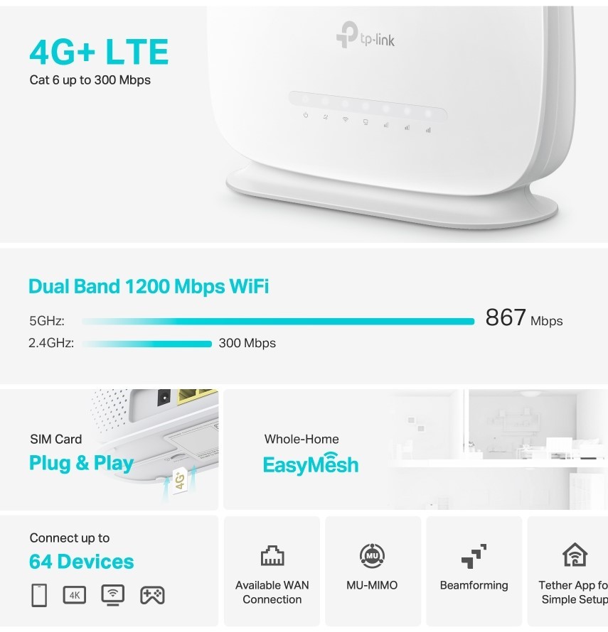 Tp-link - Router 4g+ Cat6 Dual Band Gigabit Wi-fi Ac1200-.