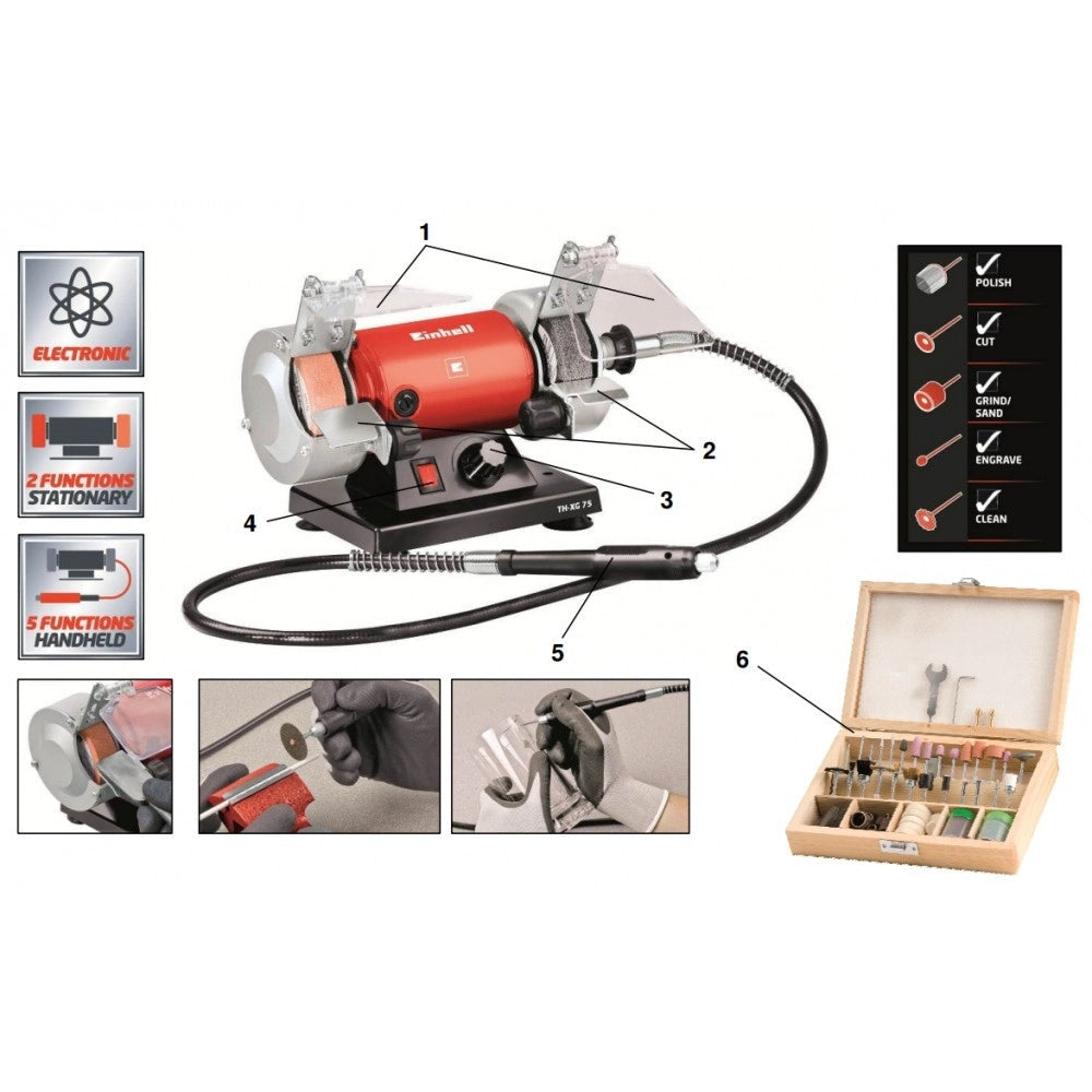Trade Shop - Smerigliatrice Da Banco Con Mini Trapano E Accessori 75mm Einhell Th-xg 75 Kit -