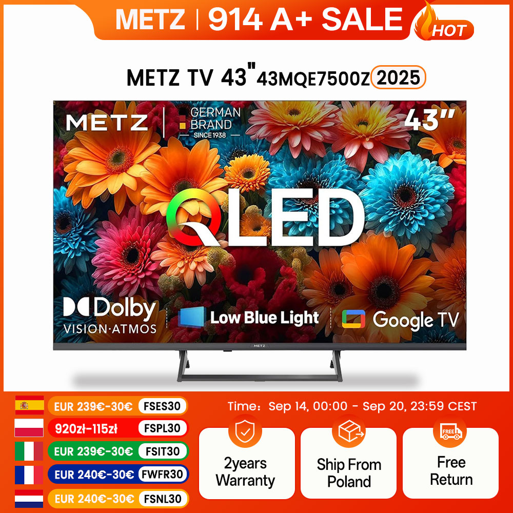 TV LED Smart 4K Metz QLED 43 Pollici Google Tele HDR 10 MEMC DBX Dolby Atmos Game Hub Eyecare Tuner 2025 43Mqf7500Z