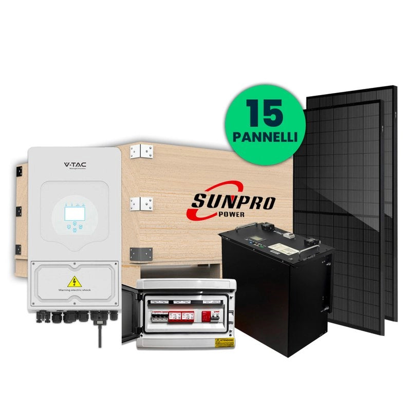 V-TAC Italia Kit Fotovoltaico Monofase Deye 6kW+10kWh LFP con 14 Pannelli Aiko 470W (6.58kW) e Quadro AC/DC