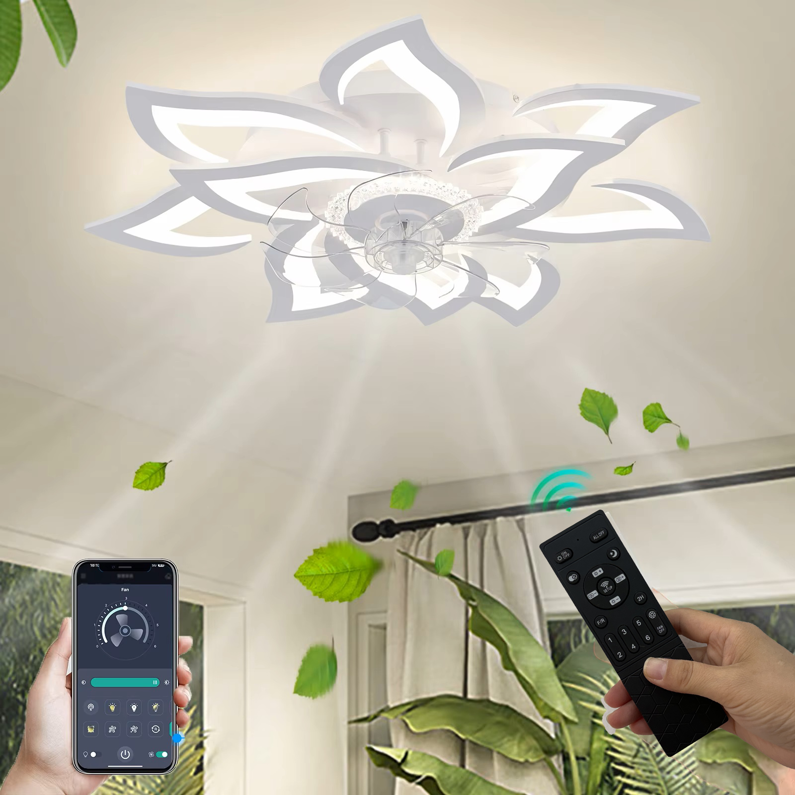 Ventilatore da soffitto con illuminazione, ventilatore senza pale a forma di fiore, design moderno, con controllo remoto tramite app, timer, 6 velocità, lampada da soffitto.