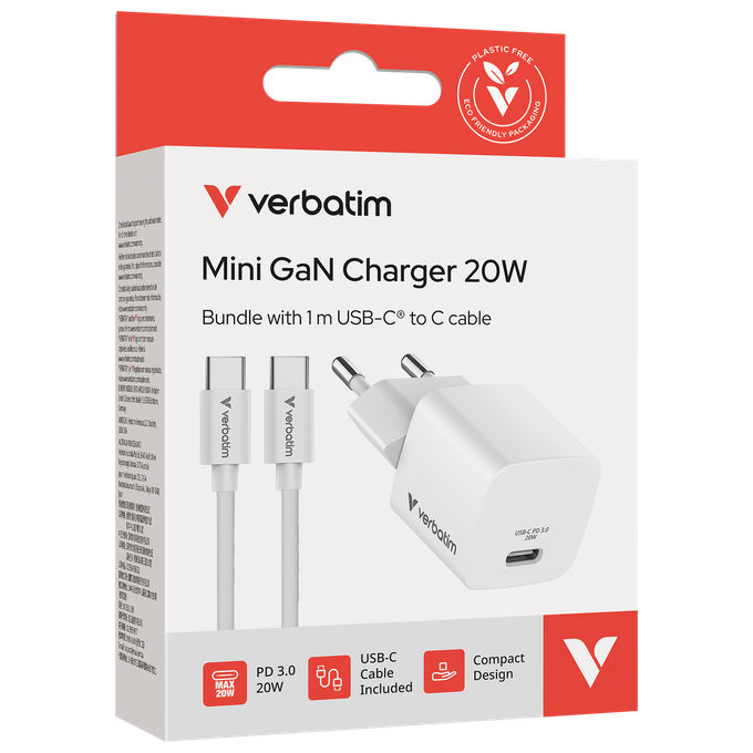 Verbatim 32396 Mini Alimentatore USB-C 20 W con Tecnologia GaN Cavo USB-C 1 m Incluso colore Bianco