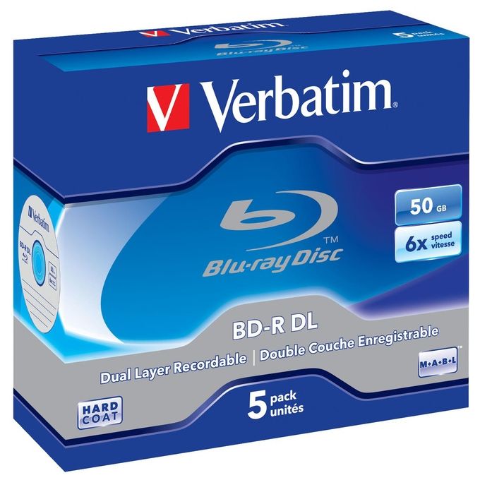 Verbatim 43748 BD-R Dual Layer Disco Blu-ray 50 GB 6x Hard Coat Jewel Case 5 pezzi colore Bianco