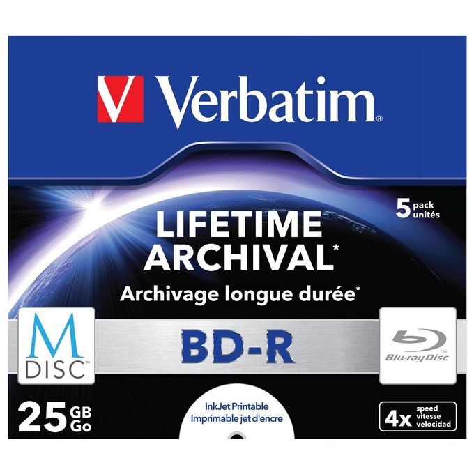 Verbatim 43823 M-Disc 4x BD-R 25 GB 5 pz Stampabile Portagioielli colore Nero