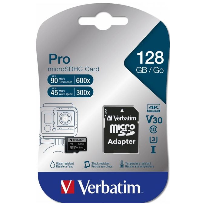 Verbatim 47044 Pro Scheda di Memoria MicroSDXC 128 GB UHS-I U3 V30 90 MB-s 45 MB-s con Adattatore SD colore Nero Verbatim 47044 Pro Scheda di Memoria MicroSDXC 128 GB UHS-I U3 V30 90 MB-s 45 MB-s con Adattatore SD colore Nero
