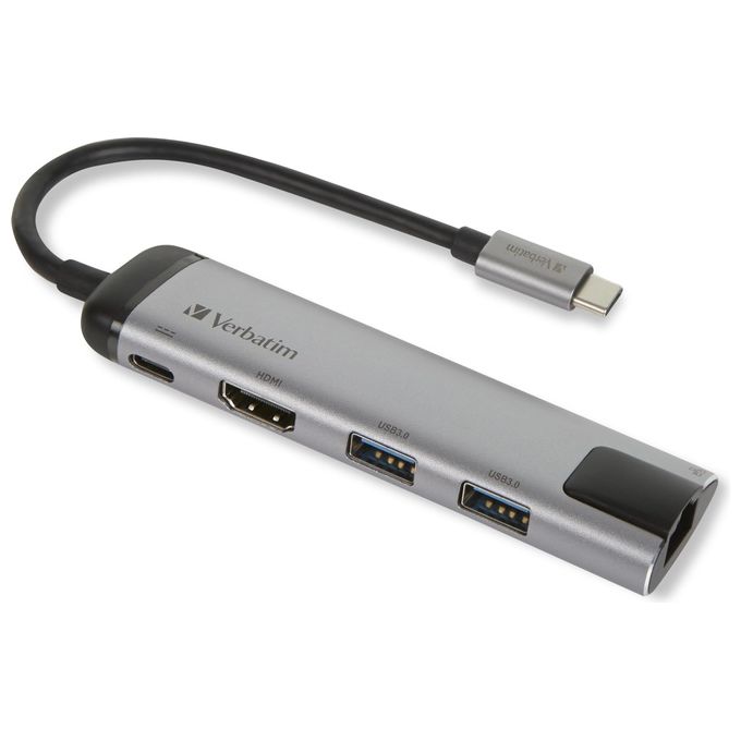 Verbatim 49141 Hub Multiporta USB-C USB 3.2 Gen 1 3 Porte USB 3.2 Gen 1 Tipo A HDMI Ethernet Gigabit colore Argento Nero