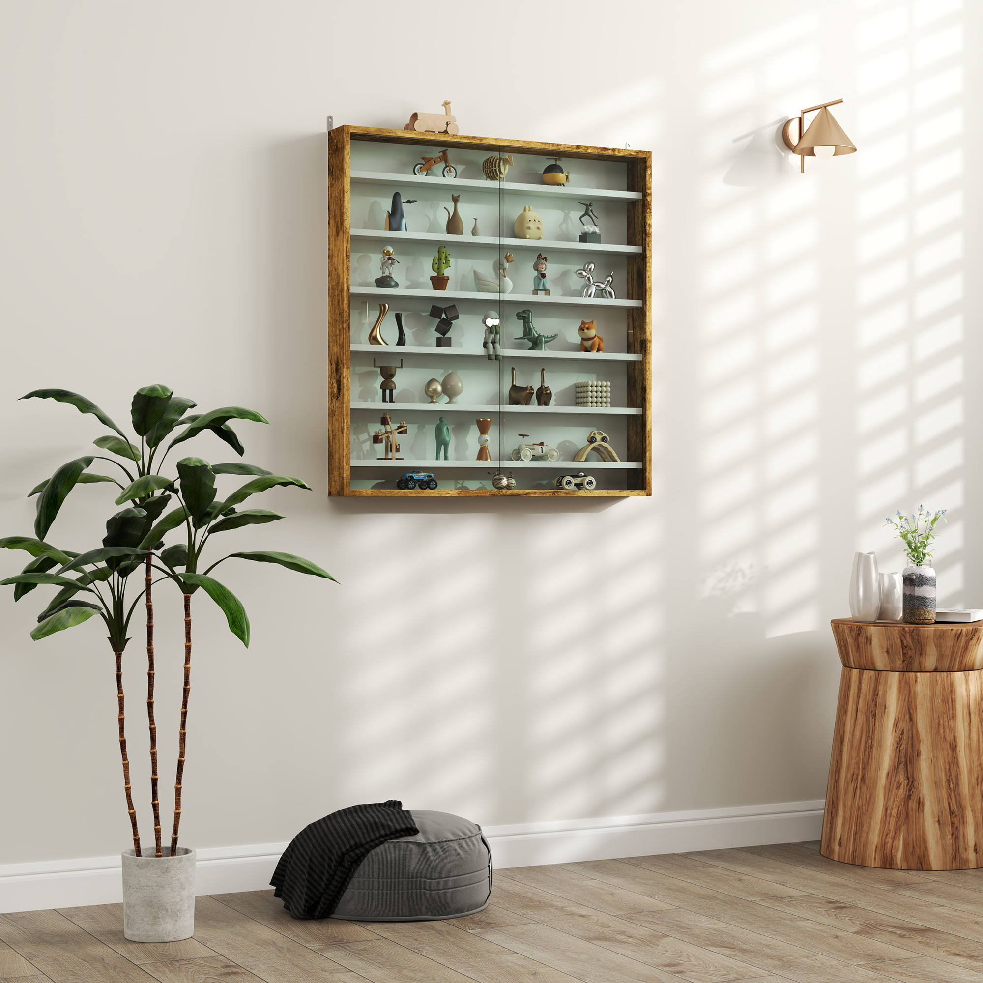 Vetrina da Collezione Homcom, Mobile Espositore da Parete 80 X 9,5 X 83 cm con 6 Ripiani Regolabili in Altezza e 2 Ante Scorrevoli in Vetro, Marrone, per Collezione di Statuette e Modellini di Auto