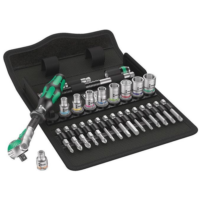Wera 05004019001 Zyklop Speed Set di chiavi a bussola con cricchetto 1-4'' 28 pezzi con bussole pollici e inserti colorazione Take it easy colore Nero e Verde