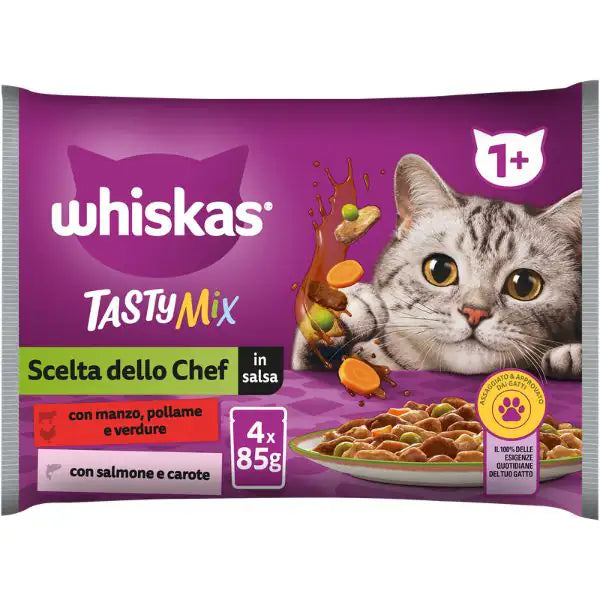 Whiskas Tasty Mix Multipack 4 pezzi da 85 gr Scelta dello Chef - 1° ORDINE? scegli tra BZR5 - BZR20 + 200 pt fedeltà