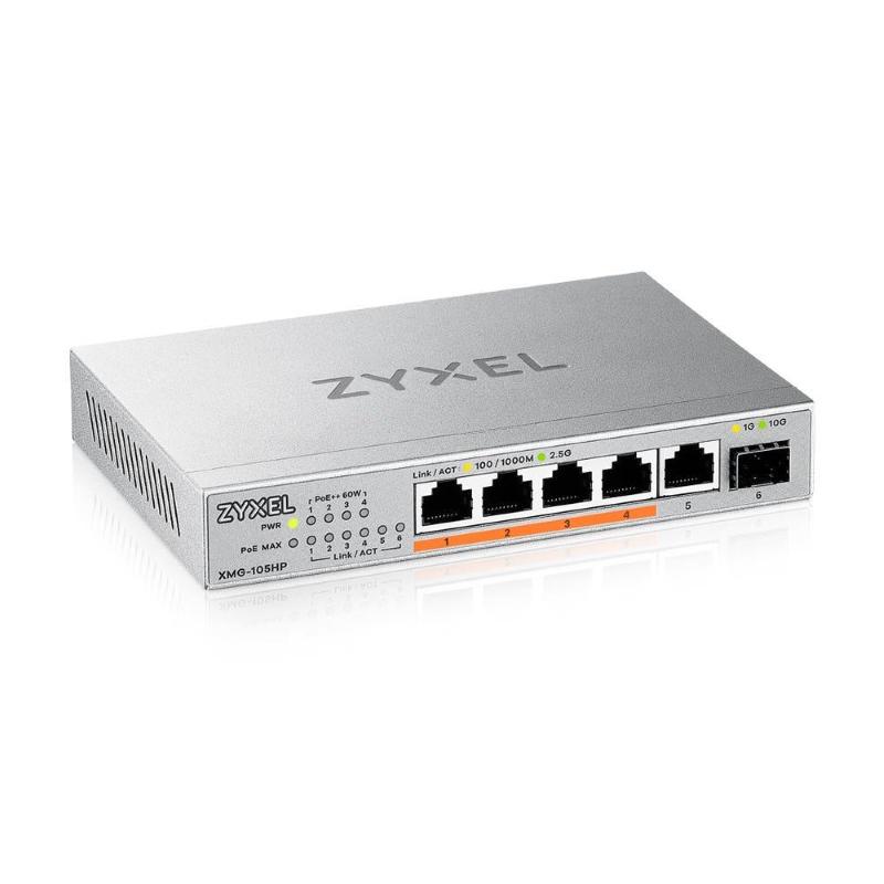 Zyxel xmg-105hp swtich non gestito 5 porte 2.5g ethernet 100/1000/2500 poe 70 w 1 porta 10gbe sfp+ desktop argento Zyxel xmg-105hp swtich non gestito 5 porte 2.5g ethernet 100/1000/2500 poe 70 w 1 porta 10gbe sfp+ desktop argento